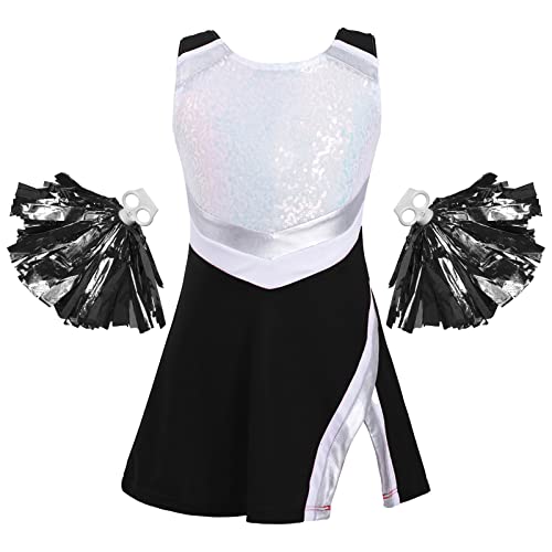 Jowowha Mädchen Cheer Leader Cheerleading Kostüm Glitzer Kleid mit Pompoms Schulmädchen Uniform Halloween Karneval Performance Tanzkostüm Schwarz 146-152 von Jowowha