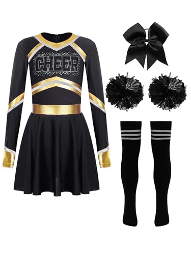 Jowowha Mädchen Cheer Leader Cheerleading Kostüm Langarm Cheer Kleid mit Pompoms Socken Haarband Halloween Karneval Fasching Tanzkleid Schwarz 146-152 Jowowha Mädchen Cheer Leader Cheerleading Kostüm Langarm Cheer Kleid mit Pompoms Socken Haarband Halloween Karneval Fasching Tanzkleid Schwarz 146-152 von Jowowha