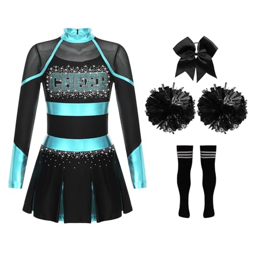 Jowowha Mädchen Cheer Leader Cheerleading Kostüm Langarm Kleid mit Pompoms Socken Halloween Kostüm Karneval Fasching Party A Blau Grün&Schwarz 158-164 Jowowha Mädchen Cheer Leader Cheerleading Kostüm Langarm Kleid mit Pompoms Socken Halloween Kostüm Karneval Fasching Party A Blau Grün&Schwarz 158-164 von Jowowha