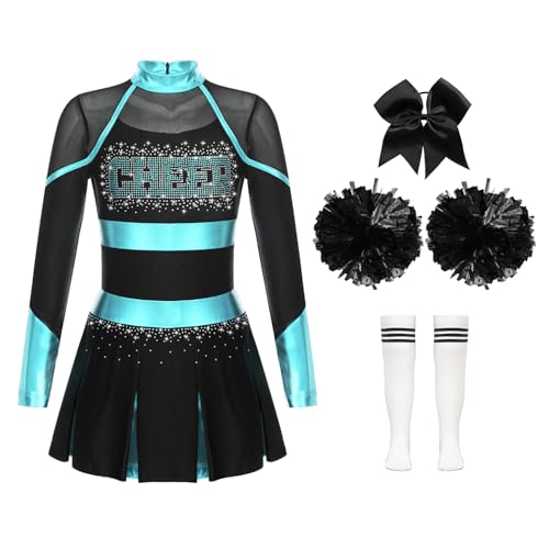 Jowowha Mädchen Cheer Leader Cheerleading Kostüm Langarm Kleid mit Pompoms Socken Halloween Kostüm Karneval Fasching Party A Blau Grün&Weiß 110-116 Jowowha Mädchen Cheer Leader Cheerleading Kostüm Langarm Kleid mit Pompoms Socken Halloween Kostüm Karneval Fasching Party A Blau Grün&Weiß 110-116 von Jowowha