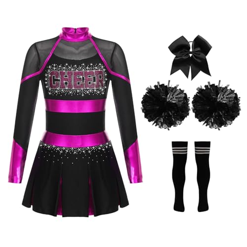 Jowowha Mädchen Cheer Leader Cheerleading Kostüm Langarm Kleid mit Pompoms Socken Halloween Kostüm Karneval Fasching Party A Dunkel Rosa&Schwarz 146-152 Jowowha Mädchen Cheer Leader Cheerleading Kostüm Langarm Kleid mit Pompoms Socken Halloween Kostüm Karneval Fasching Party A Dunkel Rosa&Schwarz 146-152 von Jowowha