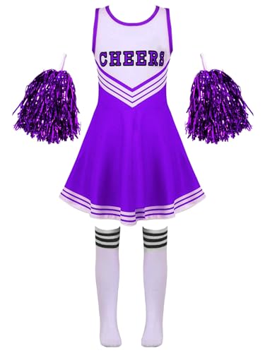 Jowowha Mädchen Cheer Leader Cheerleading Kostüm Schulmädchen Uniform Karneval Fasching Party Halloween Kostüm Kleid mit Pompoms Lila 146-152 von Jowowha