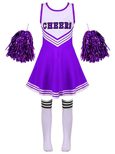 Jowowha Mädchen Cheer Leader Cheerleading Kostüm Schulmädchen Uniform Karneval Fasching Party Halloween Kostüm Kleid mit Pompoms A Lila 110-116 von Jowowha