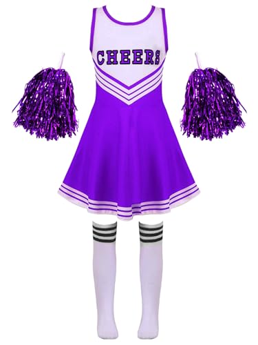 Jowowha Mädchen Cheer Leader Cheerleading Kostüm Schulmädchen Uniform Karneval Fasching Party Halloween Kostüm Kleid mit Pompoms A Lila 110-116 von Jowowha