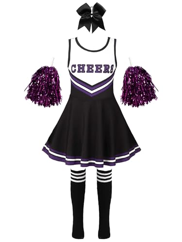 Jowowha Mädchen Cheer Leader Cheerleading Kostüm Schulmädchen Uniform Karneval Fasching Party Halloween Kostüm Kleid mit Pompoms Ac Schwarz A 146-152 von Jowowha