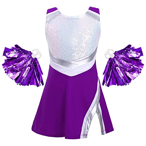 Jowowha Mädchen Cheer Leader Cheerleading Kostüm Glitzer Kleid mit Pompoms Schulmädchen Uniform Halloween Karneval Performance Tanzkostüm Lila 158-164 von Jowowha