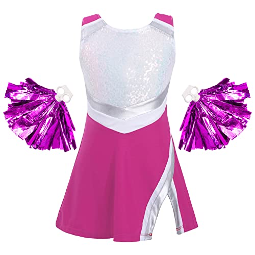 Jowowha Mädchen Cheer Leader Cheerleading Kostüm Glitzer Kleid mit Pompoms Schulmädchen Uniform Halloween Karneval Performance Tanzkostüm Rose 146-152 von Jowowha