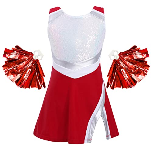 Jowowha Mädchen Cheer Leader Cheerleading Kostüm Schulmädchen Uniform Karneval Fasching Party Halloween Kostüm Kleid mit Pompoms G Rot ohne Socken 146-152 von Jowowha