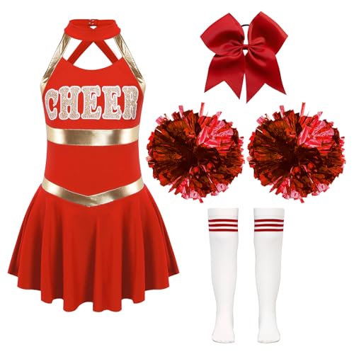Jowowha Mädchen Cheer Leader Cheerleading Kostüm Schulmädchen Uniform Kleid mit Zubehör Halloween Kostüm Karneval Fasching Party Outfits Rot 134-140 von Jowowha
