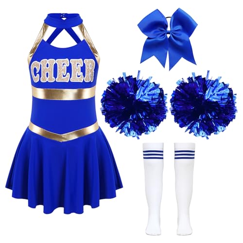 Jowowha Mädchen Cheer Leader Cheerleading Kostüm Schulmädchen Uniform Kleid mit Zubehör Halloween Kostüm Karneval Fasching Party Outfits Blau 122-128 von Jowowha
