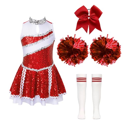 Jowowha Mädchen Cheer Leader Cheerleading Kostüm Schulmädchen Uniform Kleid mit Zubehör Halloween Kostüm Karneval Fasching Party Outfits D Rot 134-140 von Jowowha