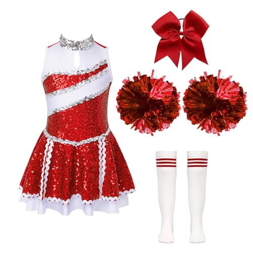 Jowowha Mädchen Cheer Leader Cheerleading Kostüm Schulmädchen Uniform Kleid mit Zubehör Halloween Kostüm Karneval Fasching Party Outfits D Rot 146-152 von Jowowha