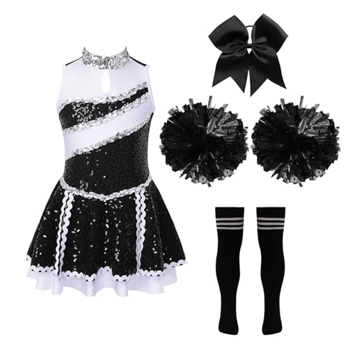 Jowowha Mädchen Cheer Leader Cheerleading Kostüm Schulmädchen Uniform Kleid mit Zubehör Halloween Kostüm Karneval Fasching Party Outfits D Schwarz&Weiß 134-140 von Jowowha