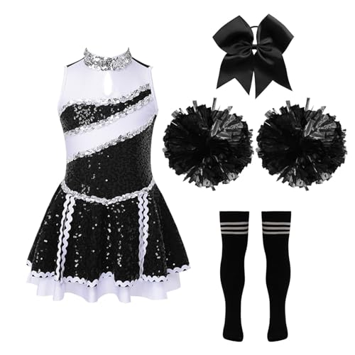 Jowowha Mädchen Cheer Leader Cheerleading Kostüm Schulmädchen Uniform Kleid mit Zubehör Halloween Kostüm Karneval Fasching Party Outfits D Schwarz&Weiß 170-176 von Jowowha