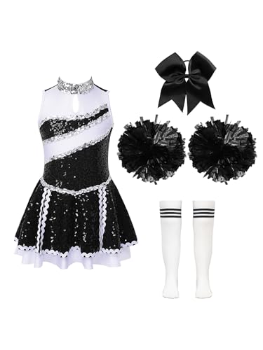 Jowowha Mädchen Cheer Leader Cheerleading Kostüm Glitzer Kleid mit Zubehör Cheer Tanzkleid Halloween Kostüm Karneval Fasching Party Outfits Weiß&Schwarz 122-128 von Jowowha
