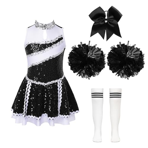 Jowowha Mädchen Cheer Leader Cheerleading Kostüm Schulmädchen Uniform Kleid mit Zubehör Halloween Kostüm Karneval Fasching Party Outfits D Weiß&Schwarz 134-140 von Jowowha