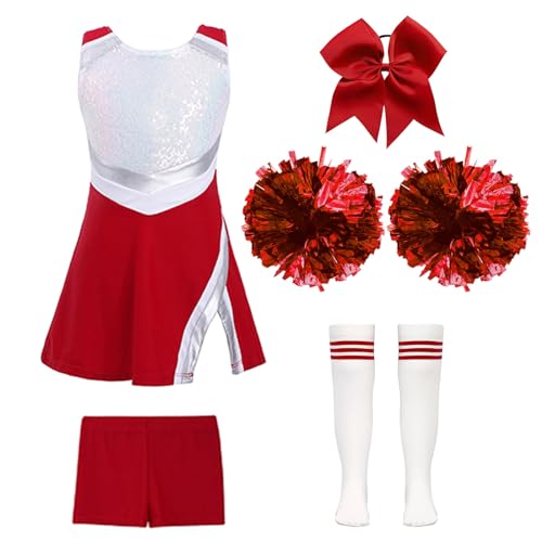 Jowowha Mädchen Cheer Leader Cheerleading Kostüm Schulmädchen Uniform Kleid mit Zubehör Halloween Kostüm Karneval Fasching Party Outfits E Rot 122-128 von Jowowha