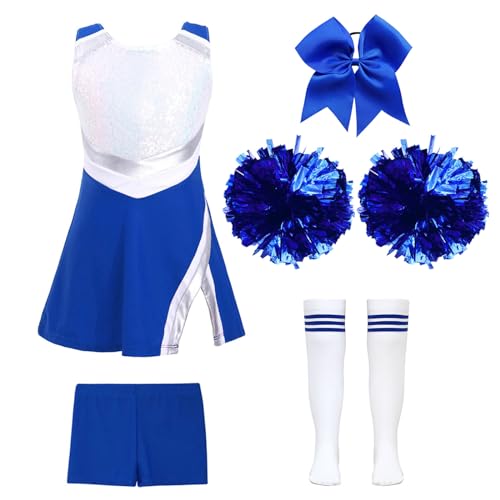 Jowowha Mädchen Cheer Leader Cheerleading Kostüm 5tlg.Glitzer Tanzkleid mit Zubehör Schulmädchen Uniform Halloween Karneval Fasching Party Outfits Royal Blau 158-164 von Jowowha
