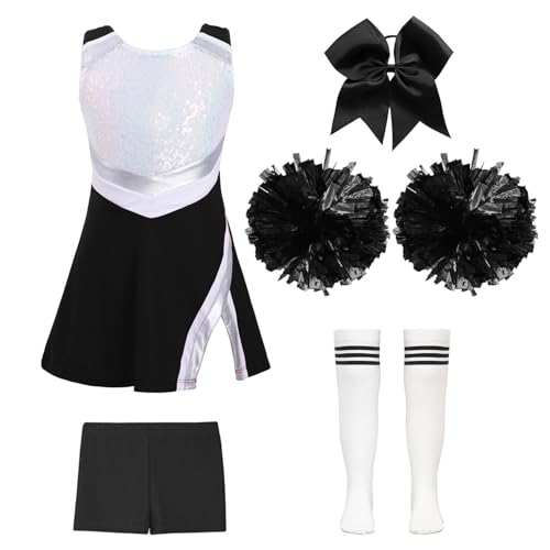 Jowowha Mädchen Cheer Leader Cheerleading Kostüm 5tlg.Glitzer Tanzkleid mit Zubehör Schulmädchen Uniform Halloween Karneval Fasching Party Outfits Weiß&Schwarz 146-152 von Jowowha