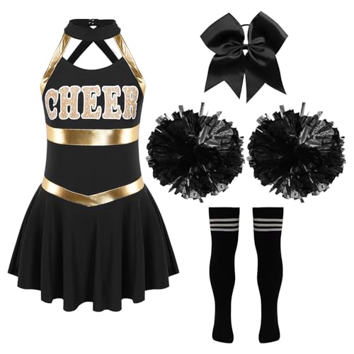 Jowowha Mädchen Cheer Leader Cheerleading Kostüm Schulmädchen Uniform Kleid mit Zubehör Halloween Kostüm Karneval Fasching Party Outfits Schwarz&Weiß 170-176 von Jowowha