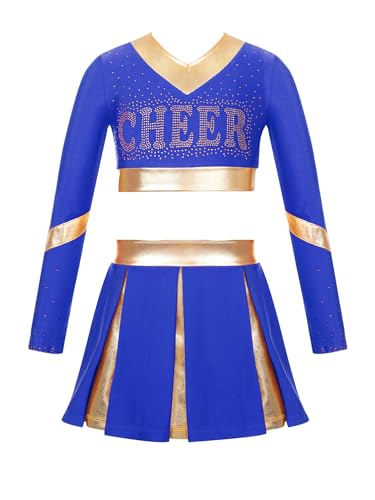 Jowowha Mädchen Cheer Leader Cheerleading Kostüm Schulmädchen Uniform Langarm Kleid Halloween Kostüm Karneval Faschingskostüm E Royal Blau 134-140 von Jowowha