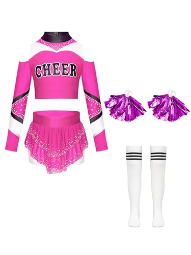 Jowowha Mädchen Cheer Leader Kostüm 4tlg.Langarm Crop Tops mit Rock Pompoms Socken Cheer Kleid Cheerleading Uniform Halloween Karneval Fasching Hot Pink 158-164 Jowowha Mädchen Cheer Leader Kostüm 4tlg.Langarm Crop Tops mit Rock Pompoms Socken Cheer Kleid Cheerleading Uniform Halloween Karneval Fasching Hot Pink 158-164 von Jowowha
