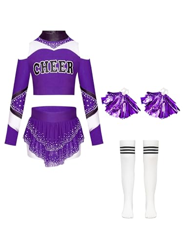 Jowowha Mädchen Cheer Leader Kostüm 4tlg.Langarm Crop Tops mit Rock Pompoms Socken Cheer Kleid Cheerleading Uniform Halloween Karneval Fasching Lila 158-164 Jowowha Mädchen Cheer Leader Kostüm 4tlg.Langarm Crop Tops mit Rock Pompoms Socken Cheer Kleid Cheerleading Uniform Halloween Karneval Fasching Lila 158-164 von Jowowha