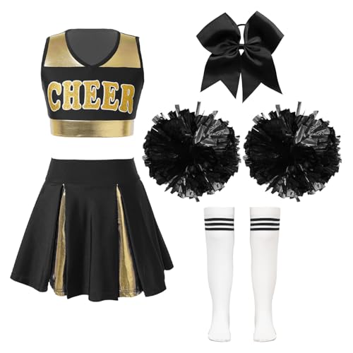 Jowowha Mädchen Cheer Leader Kostüm Cheerleading Uniform Halloween Kostüm Karneval Fasching Schulmädchen Tanzkostüm Crop Tops mit Rock Socken Pompons A Weiß&Schwarz B 134-140 von Jowowha