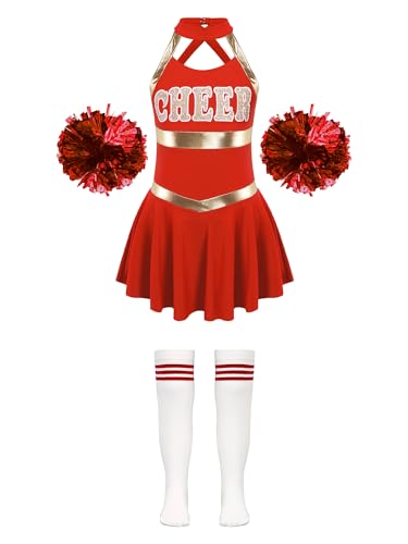 Jowowha Mädchen Cheer Leader Kostüm Cheerleading Uniform Kleid mit Pompoms Socken Halloween Kostüm Karneval Fasching Party Tanzkleid Aa Rot 170-176 von Jowowha