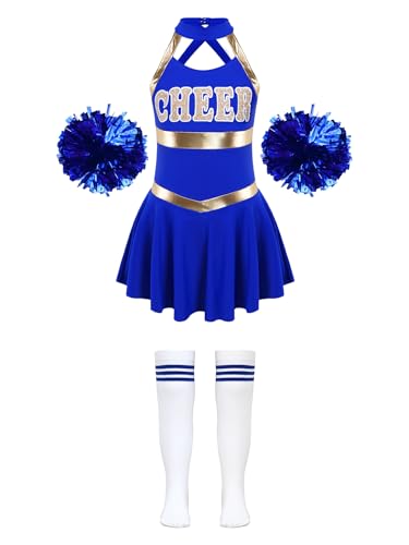 Jowowha Mädchen Cheer Leader Kostüm Cheerleading Uniform Kleid mit Pompoms Socken Halloween Kostüm Karneval Fasching Party Tanzkleid Aa Royal Blau 110-116 von Jowowha