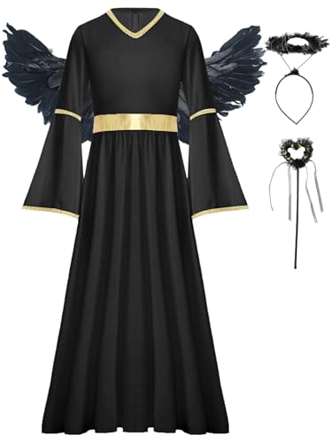 Jowowha Mädchen Engel Kleid mit Engelsflügel Heiligenschein Zauberstab Christkind Weihnachtsengel Kleid Mittelalter Renaissance Kleid Halloween Karneval Fasching Schwarz 110-116 von Jowowha