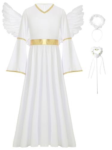 Jowowha Mädchen Engel Kleid mit Engelsflügel Heiligenschein Zauberstab Christkind Weihnachtsengel Kleid Mittelalter Renaissance Kleid Halloween Karneval Fasching Weiß 146-152 von Jowowha