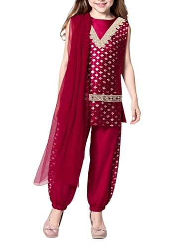 Jowowha Mädchen Indische Ethnische Kleidung Blumendruck Tank Tops + Haremhose Pumphose + Schal Bauchtanz Outfit Arabische Kleidung Weinrot 134-140 Jowowha Mädchen Indische Ethnische Kleidung Blumendruck Tank Tops + Haremhose Pumphose + Schal Bauchtanz Outfit Arabische Kleidung Weinrot 134-140 von Jowowha