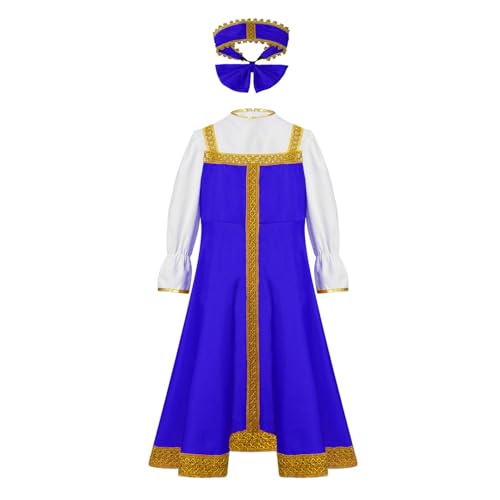 Jowowha Mädchen Kleid Festlich Kleid Prinzessin Outfits Russischen Traditionellen Puffärmel Kleider mit Kopfbedeckung Halloween Karneval Partykleid Blau 170-176 von Jowowha