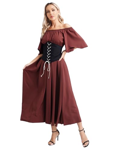 Jowowha Mittelalter Kleid Damen Retro Renaissance Kleid mit Korsett Gothic Kleider Mittelalter Kostüme Halloween Karneval Kostüm Weinrot 4XL von Jowowha