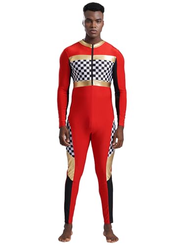 Jowowha Rennfahrer Kostüm Herren Rennfahrer Uniform Race Kostüm Kariert Jumpsuit Langarm Body Overall Halloween Karneval Fasching Kostüm A Rot XXL von Jowowha