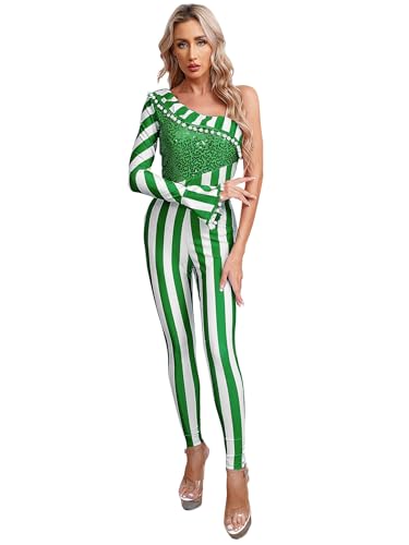 Jowowha Zuckerstangen Kostüm Damen Weihnachten Kostüm Streifen Body Weihnachts Zuckerstangen Overall Jumpsuit Xmas Cosplay Party Grün M von Jowowha