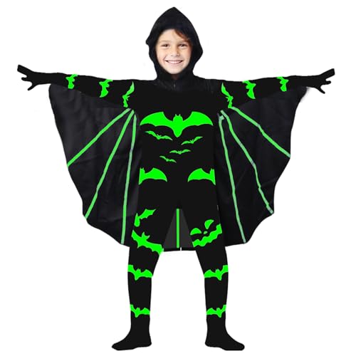 Joxessaien Kinder Fledermaus Kostüm – Leuchtendes Halloween Kostüm mit Kapuze & Flügeln, Nachts Sichtbar, Unisex Ganzkörperanzug für Jungen & Mädchen von Joxessaien