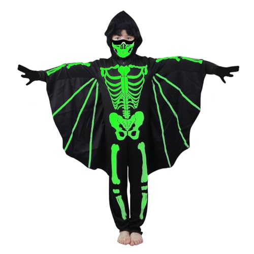 Joxessaien Kinder Fledermaus Skelett Kostüm – Halloween Kostüm mit Kapuze & Flügeln, Leuchtet im Dunkeln, Unisex Ganzkörperanzug für Jungen & Mädchen von Joxessaien