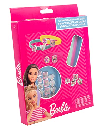 Joy Toy - Barbie 3 Plastikarmbänder mit 18 Charms zum Anmachen in Geschenkverpackung - 15x2,5x20 cm von Joytoy