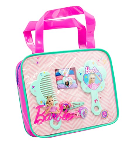 Joy Toy - Barbie Haarschmuckset mit 2 Glitzerhaarspangen, 4 Haarbänder, Kamm und Spiegel im Glitzertäschchen 19x4x16 cm von Joytoy