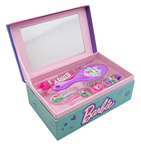 Joy Toy - Barbie Schmuckschatulle mit Accessoires: Bürste, 2 Haarspangen, Ring, Armband, Haarband - 18x11,5x7 cm von Joytoy