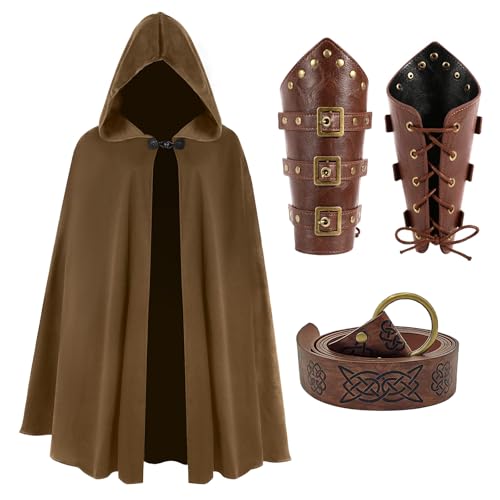 JoyFuncos Mittelalterlicher Umhang mit Kapuze, Renaissance-Samt-Umhang mit Wikingergürtel, Leder-Armschienen, Kostüm-Zubehör, Erwachsene, Herren, Damen, für Halloween, Braun JoyFuncos Mittelalterlicher Umhang mit Kapuze, Renaissance-Samt-Umhang mit Wikingergürtel, Leder-Armschienen, Kostüm-Zubehör, Erwachsene, Herren, Damen, für Halloween, Braun von JoyFuncos