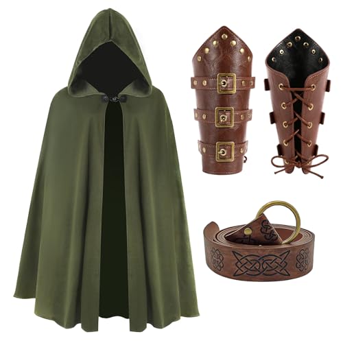 JoyFuncos Mittelalterlicher Umhang mit Kapuze, Renaissance-Samt-Umhang mit Wikingergürtel, Leder-Armschienen, Kostüm-Zubehör, Erwachsene, Herren, Damen, für Halloween, Grün JoyFuncos Mittelalterlicher Umhang mit Kapuze, Renaissance-Samt-Umhang mit Wikingergürtel, Leder-Armschienen, Kostüm-Zubehör, Erwachsene, Herren, Damen, für Halloween, Grün von JoyFuncos