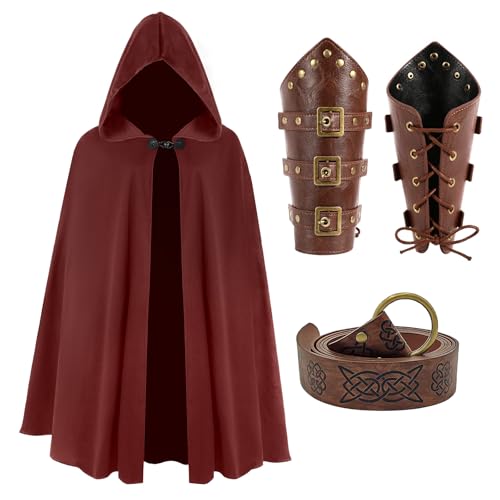 JoyFuncos Mittelalterlicher Umhang mit Kapuze, Renaissance-Samt-Umhang mit Wikingergürtel, Leder-Armschienen, Kostüm-Zubehör, Erwachsene, Herren, Damen, für Halloween, Rot JoyFuncos Mittelalterlicher Umhang mit Kapuze, Renaissance-Samt-Umhang mit Wikingergürtel, Leder-Armschienen, Kostüm-Zubehör, Erwachsene, Herren, Damen, für Halloween, Rot von JoyFuncos