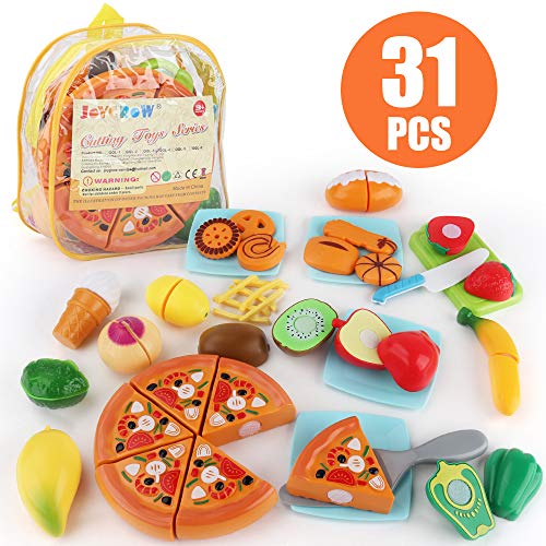 JoyGrow 31 Stück Lebensmittel Spielzeug Schneiden Obst Gemüse Kinderküche Spielzeug Rollenspiele Küchenspielzeug Zubehör mit Rucksack Lagerung Geschenk für Kinder ab 3 Jahren von JoyGrow