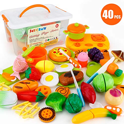 JoyGrow 40 Stück Lebensmittel Spielzeug Schneiden Obst Gemüse Rollenspiele Pädagogisches Spielzeug,Kinderküche Zubehör mit Aufbewahrungskoffer,Geschenk für Kinder ab 3 Jahren von JoyGrow