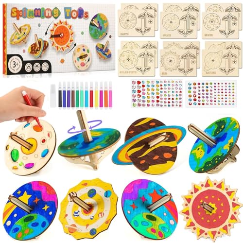 JoyJoyful 12 Stück Holz Bastelset für Kinder Geburtstag 4 5 6 7 8 9 10 Jahre, 3D Puzzle Kreisel zum Bemalen und Basteln, DIY Holzbastelsets Kreative Kinderspielzeug Bemalen Handwerk für Jungen Mädchen von JoyJoyful