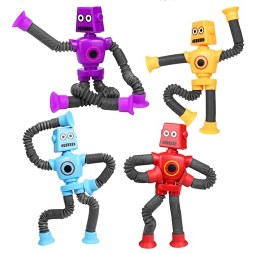 JoyJoyful Baby Roboter Spielzeug, 4 Stück Teleskop Saugnapf Badespielzeug Baby ab 2 3 4 5 6 Jahr, Saugnapf Spielzeug Baby Anti Stress Fidget Toys, Lustige Geschenke für Kinder Erwachsene von JoyJoyful