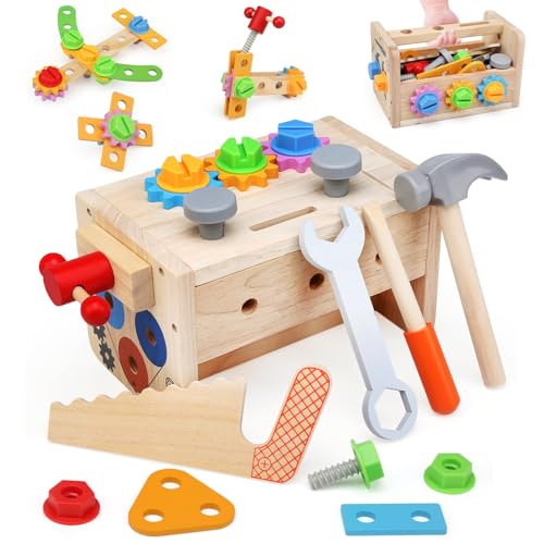 JoyLife Werkzeugkoffer Kinder Werkbank Kinderspielzeug ab 3 Jahre, 58 Stück Kinderwerkzeug Montessori Holzspielzeug von JoyLife